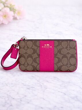 COACH Signature Stripe Zip Wristlet Wallet Monogram Canvas Dust Bag Auth Card